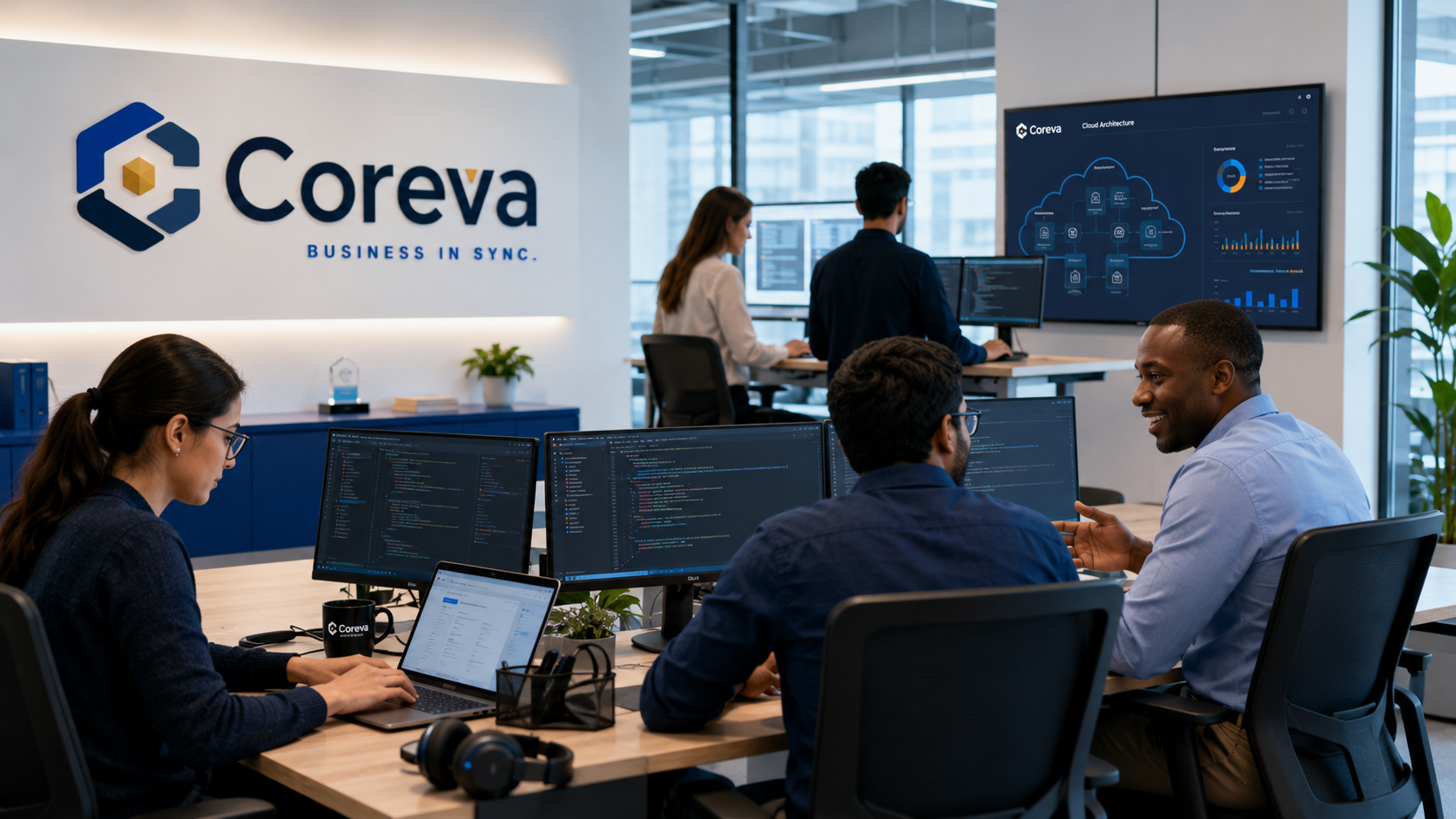 Equipo de tecnología trabajando con soluciones empresariales, desarrollo y cloud